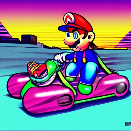 Image similar to synthwave illustration of Super Mario driving go kart into the sunset, trending on deviantart