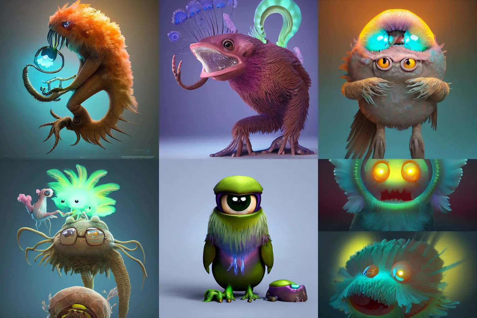 Prompt: cute! c4d, unreal engine, pixar, rimlight, jelly fish, bioluminescent screaming feathers pictoplasma characterdesign toydesign toy monster bird of paradise, zbrush, octane, hardsurface modelling, artstation, cg society, by greg rutkowksi, by Eddie Mendoza, by Peter mohrbacher, by tooth wu