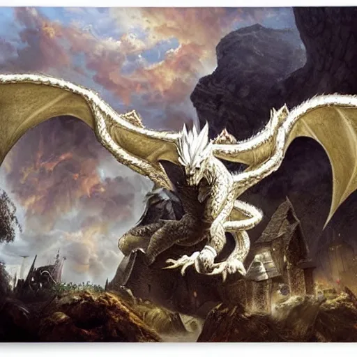 an evil white dragon attacking a village, by Ciruelo | Stable Diffusion ...
