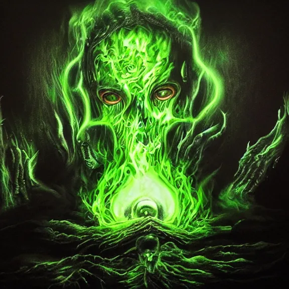 Image similar to woman summon the deathgate portal to the green flame hellgod's home, photograph taken by lord illusion of hyperrealism, dark creepy oil painting