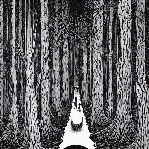 Prompt: the trees are alive, horror, dark atmosphere, beautifully detailed, smooth, illustration, by jean giraud