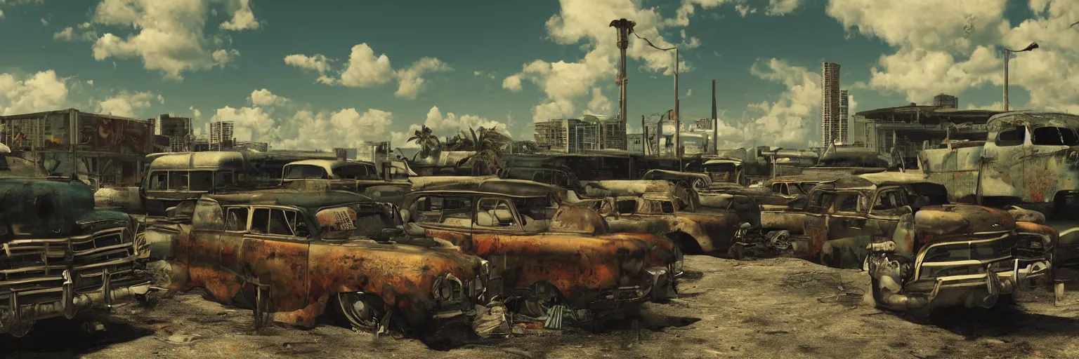 Image similar to fallout 5 : miami, outdoors ruined tropical city airport, rusted retro futuristic vintage styled parked cars, buses, trucks, atmospheric lighting, painted, intricate, volumetric lighting, summer, sunny weather, few clouds, sharp focus, deep colours, ultra detailed, by leesha hannigan, ross tran, thierry doizon, kai carpenter, ignacio fernandez rios