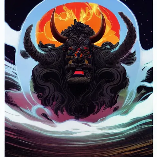 Prompt: Joshua Middleton comic art, A large black bison deity with bright fiery eyes, Dark Bison God, thick black smoke, nebulous, stormy skies, midnight, indigo, Ancient Mesoamerican god, American Gods