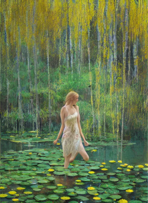 Image similar to full body portrait of a beautiful woman wading knee height in a shallow pond, obscured by water lilies, aspen grove in the background, by Jeremy Mann, stylized, detailed, loose brush strokes, pastel colors, green and yellow tones