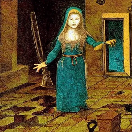 Prompt: An elf with teal hair planting seeds in a haunted house, Painting by Leonardo Da Vinci