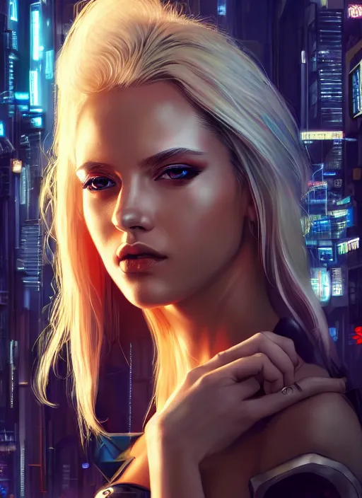 Prompt: photo of a gorgeous blonde female in cyberpunk city, realistic, sharp focus, 8 k high definition, insanely detailed, intricate, elegant, artgerm, greg kutkowski, high contrast dramatic lighting