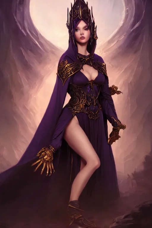 Prompt: Fantasy portrait, Necromancer, female, gorgeous, beautiful face, dark garments, dark pruple robes, gold bracelet, Black cloak from neck to ankles, pin-up, shapely toned derriere, matte painting, by WLOP, Frank Franzzeta and Sakimichan, artstation
