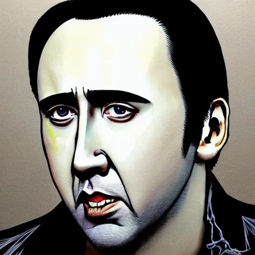 Image similar to prompt : nicolas cage portrait soft light painted by james jean and katsuhiro otomo and erik jones, inspired by evangeleon anime, smooth face feature, intricate oil painting, high detail illustration, sharp high detail, manga and anime 1 9 9 9