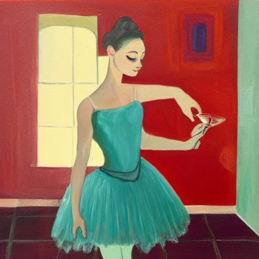 Image similar to painting of a ballerina drinking wine in a teal room, red background