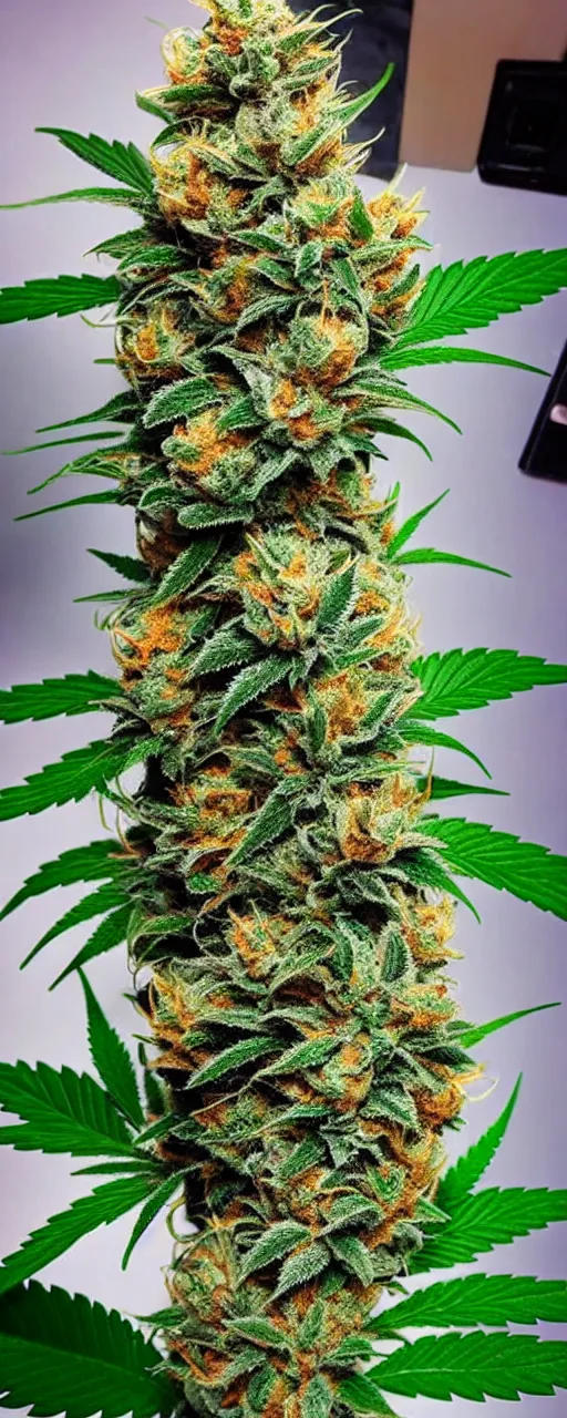 Prompt: beautiful giant marijuana flower with tall giant moist buds covered in stunning large moist trichomes trichomes trichomes as a skyscraper