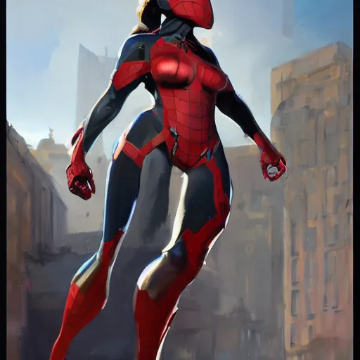 Image similar to greg manchess portrait painting of partially armored female iron spiderman as overwatch character, medium shot, asymmetrical, profile picture, organic painting, sunny day, matte painting, bold shapes, hard edges, street art, trending on artstation, by huang guangjian, gil elvgren, ruan jia, greg rutkowski, gaston bussiere