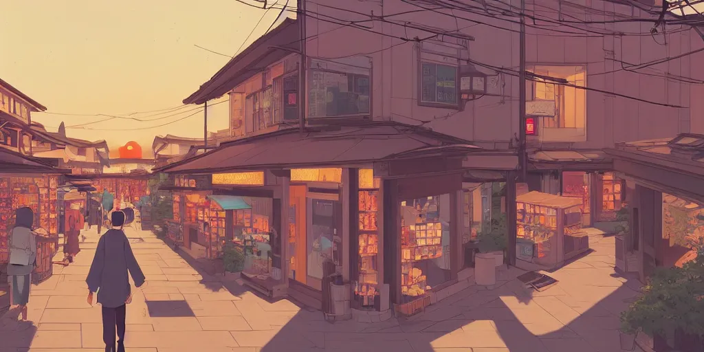 Image similar to beautiful illustration of a small shop window in kyoto on a beautiful sunset, anime manga style, aesthetic, cory loftis, james gilleard, atey ghailan, makoto shinkai, goro fujita, studio ghibli, makoto shinkai, view isometric drone