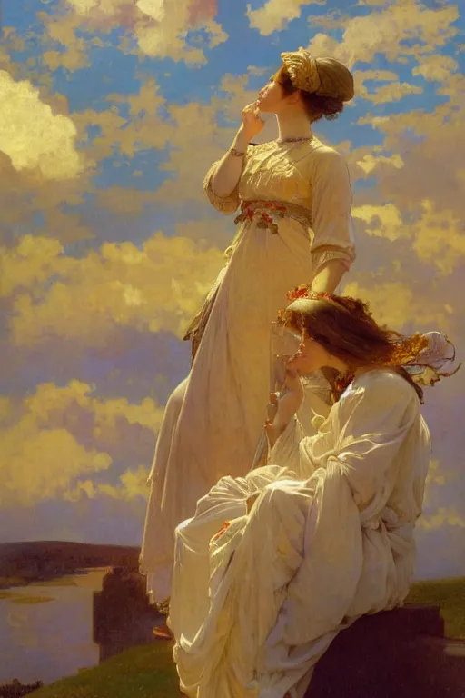 Image similar to nomans sky, Ilya repin, alphonse mucha, and Edmund Blair Leighton A meaningful painting in an symbolist style, oil on canvas, baroque, beautiful lighting, trending on Artstation, Highly detailed