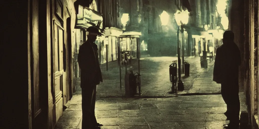 Image similar to detailed medium format photo, polaroid still from an old french movie, sleazy man watching night streets while smoking a cigarette, haze, high production value, intricate details, 8 k resolution, hyperrealistic, hdr, photorealistic, high definition, tehnicolor, award - winning photography, masterpiece, amazing colors