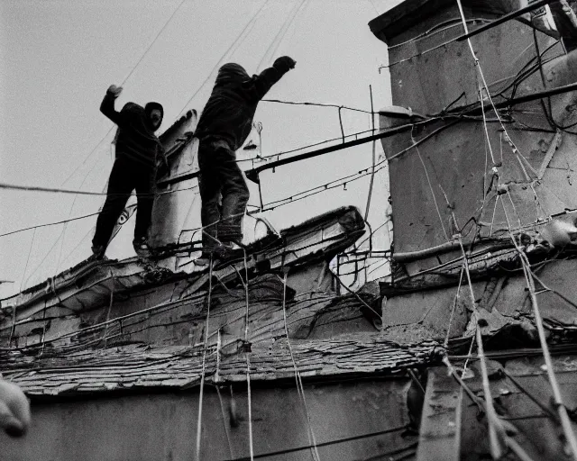 Image similar to lomo photo of roofjumpers climbing on roof of soviet hrushevka, small town, cinestill, bokeh, out of focus