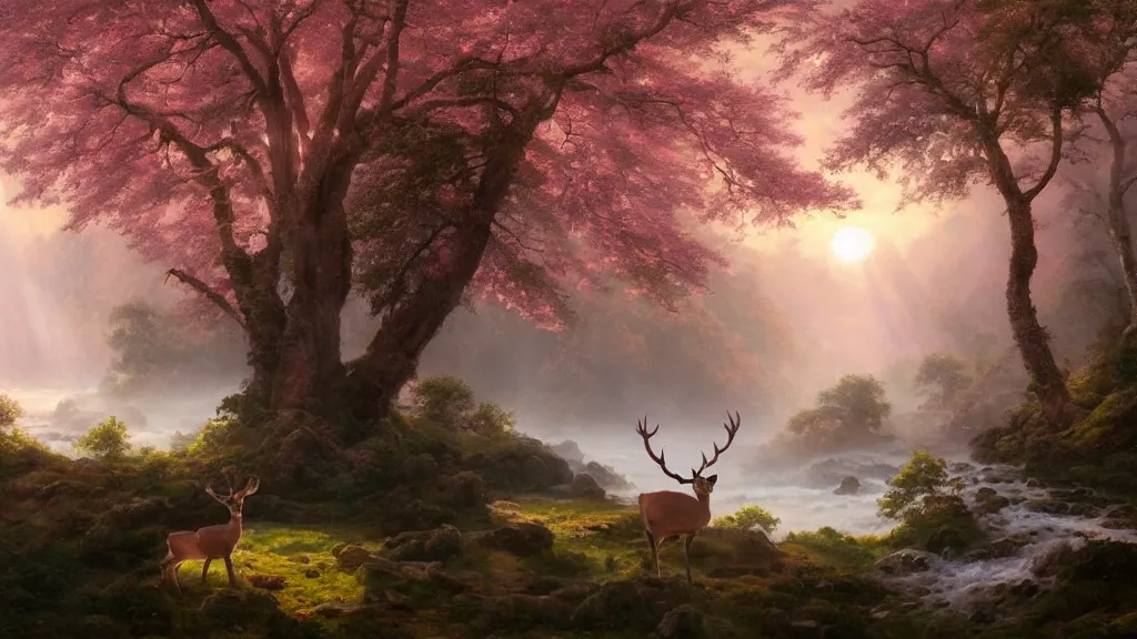 Image similar to the most beautiful panoramic landscape, oil painting, where a giant dreamy waterfall creates a river, the trees around are starting to bloom in pink colors, a majestic deer is in close - up and it is under a giant tree while it is exhaling steam, the ray lights of the sunrise are brightening him, by greg rutkowski