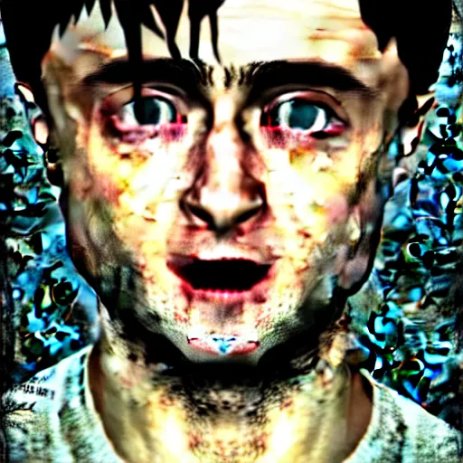 Prompt: the silent hill version of Daniel Radcliffe, he is already mutated, standing inside an asylum in silent hill, screaming, Extremely detailed, polaroid shot, Hip level shot, Medium close-up shot