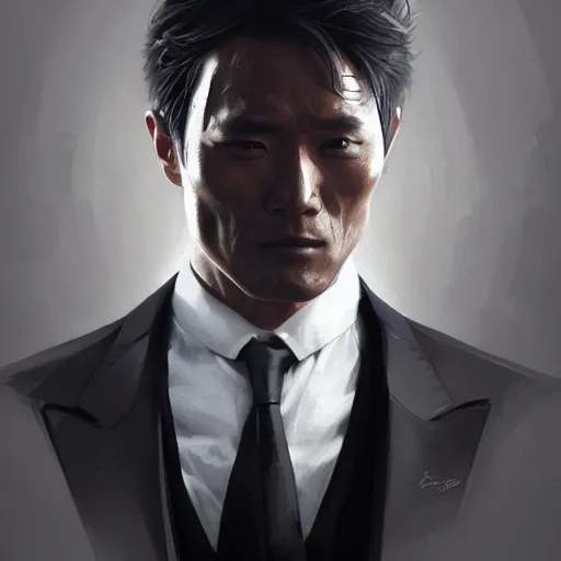 Prompt: man wearing a black suit, lee byung-hun, painted character portrait, highly detailed, digital painting, artstation, concept art, illustration, art by artgerm and greg rutkowski