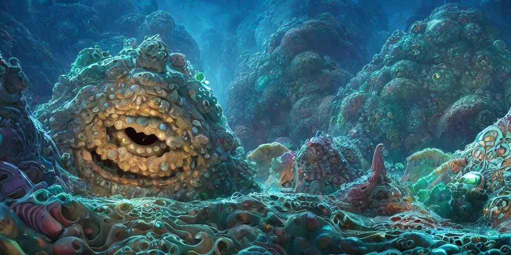 Image similar to of an intricate sea reef with strange cute friendly happy creatures with huge eyes, mouth, long tongue, round teeth and goofy face, appearing from the background, in the style of gehry and gaudi, macro lens, shallow depth of field, ultra detailed, digital painting, trending artstation, concept art, illustration, cinematic lighting, photorealism, epic, octane render