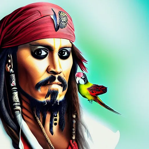 Image similar to jack sparrow with a parrot on the shoulder, portrait, 8k resolution, hyper detailed, realistic eyes, studio lighting, cinematic