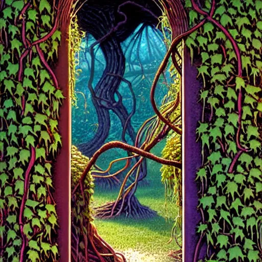 Image similar to Fantasy illustration by Clyde Caldwell Black, thorned ivy covers the walls for thirty feet east of the temple’s doorway. The vines snarl and twist, grasping at the air, as if searching for prey.