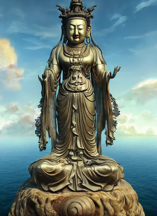 Prompt: guanyin stand on big loutus, a godness of the southern seas, a realistic setting with muted colors, visual novel cover, by yoshitaka amano, zeng fanzhi, jane hamilton, tiffany studios, sunrays shine uponit, frostbite 3 engine, cryengine, dof, trending on artstation, digital art, fantasy detailed background