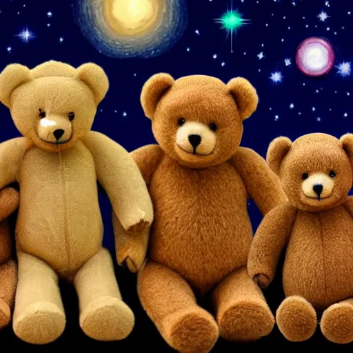 Image similar to a group of teddy bears standing in a circle holding hands outside their caste under a starry sky