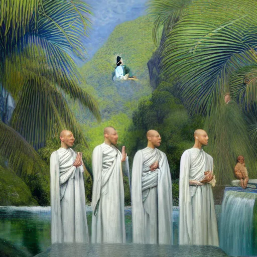 Image similar to a ultradetailed beautiful painting of monks standing in front of the diamonds waterfall in the amazonas palace balustrade designed by jules bastien - lepage, tarsila do amaral, frank weston and gustave baumann, beach, trending on artstation, mediterranean, palm trees, sharp focus, soft light, 8 k 4 k