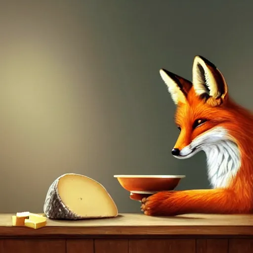 Image similar to perfectly-centered-Portrait-full-shot of a fox, wearing a santa hat, sitting next to a pile of cheese, intricate, elegant, super highly detailed, professional digital painting, artstation, concept art, smooth, sharp focus, no blur, no dof, extreme illustration, Unreal Engine 5, 8K, art by artgerm and greg rutkowski and alphonse mucha and loish and WLO