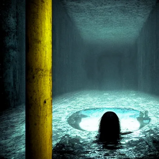 Prompt: trapped in a concrete room with a monster pov underwater, water pouring in, thalassophobia, dark yellowish water, showing anger, pale skin, dark foggy water, dark, dramatic,'silent hill ', terrifying, horror, fear, big eyes, alluring, cinematic