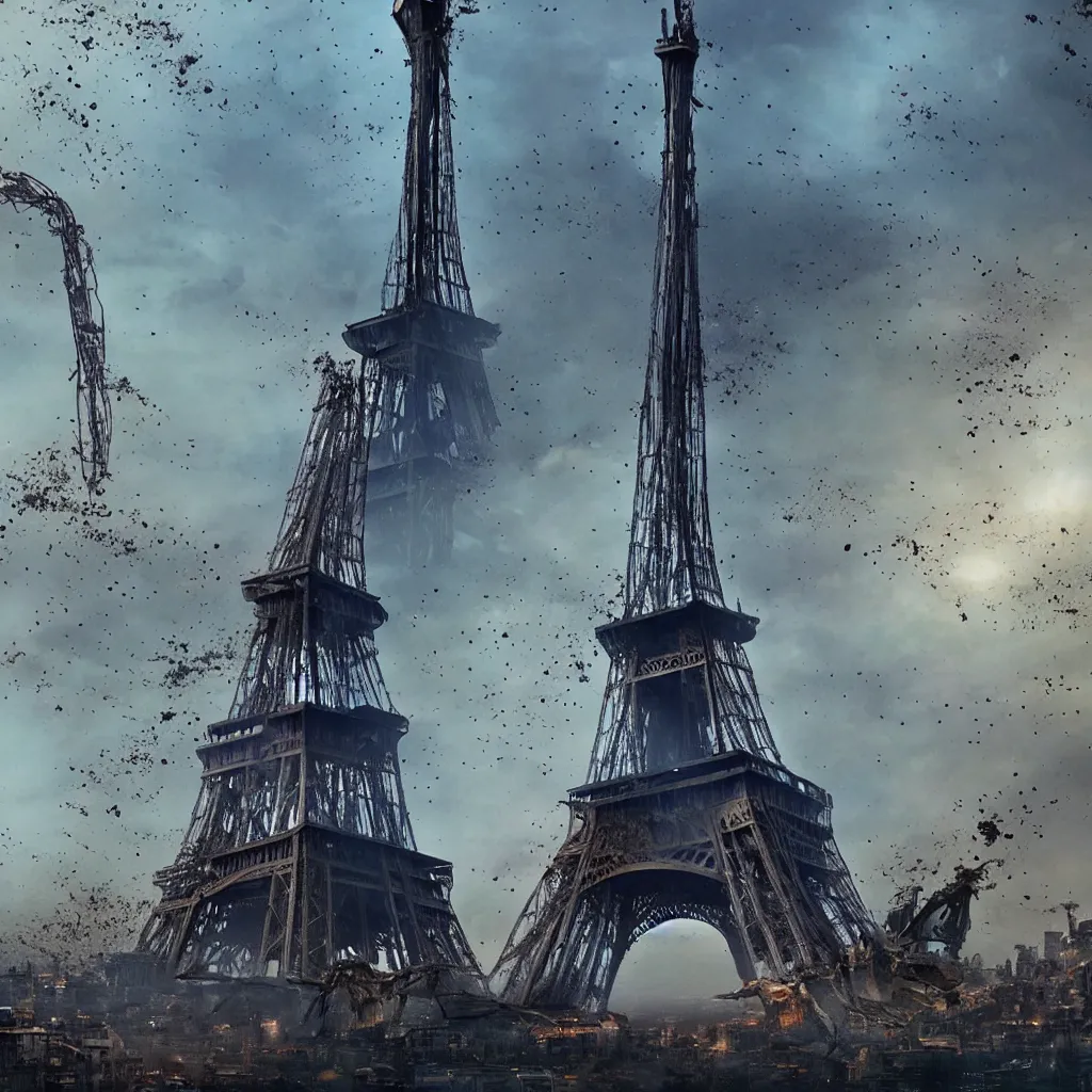 Prompt: A beautiful intricate 8K award-winning cinematic movie photograph of the future Eiffel Tower, destroyed and decaying, hidden by billboards. in the year 2043, by Bruno Delbonnel and greg rutkowski. Arri Alexa 65, IMAX 70mm footage