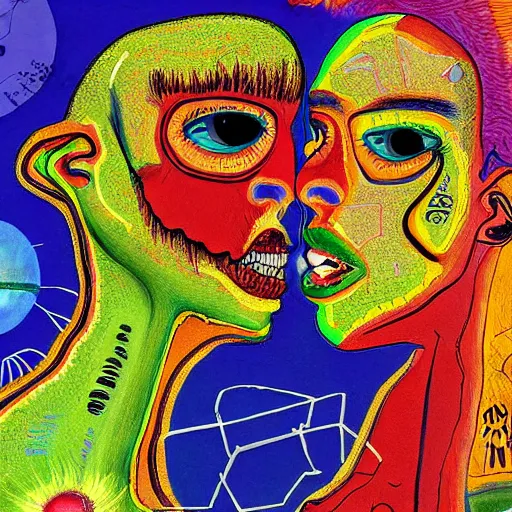 Prompt: beautiful painting of two bizarre psychedelic women kissing each other closeup on an alien planet, speculative evolution, mixed media collage by basquiat and junji ito, magazine collage art, psychedelic illustration, sapphic art, lesbian art