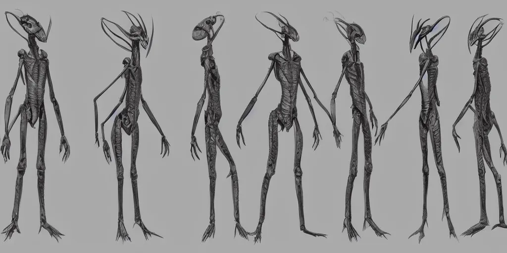 Prompt: a humanoid mantis alien creature, character design sheet, detailed concept art by fortiche