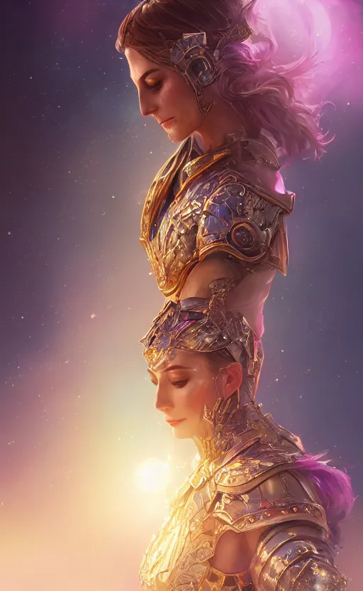 Image similar to the great beyond, beautiful woman in knights armor, sharp focus, intricate, elegant, digital painting, artstation, matte, highly detailed, concept art, illustration, volumetric lighting, gold and blue and pink color scheme, bokeh light, art by greg olsen and liz lemon swindle