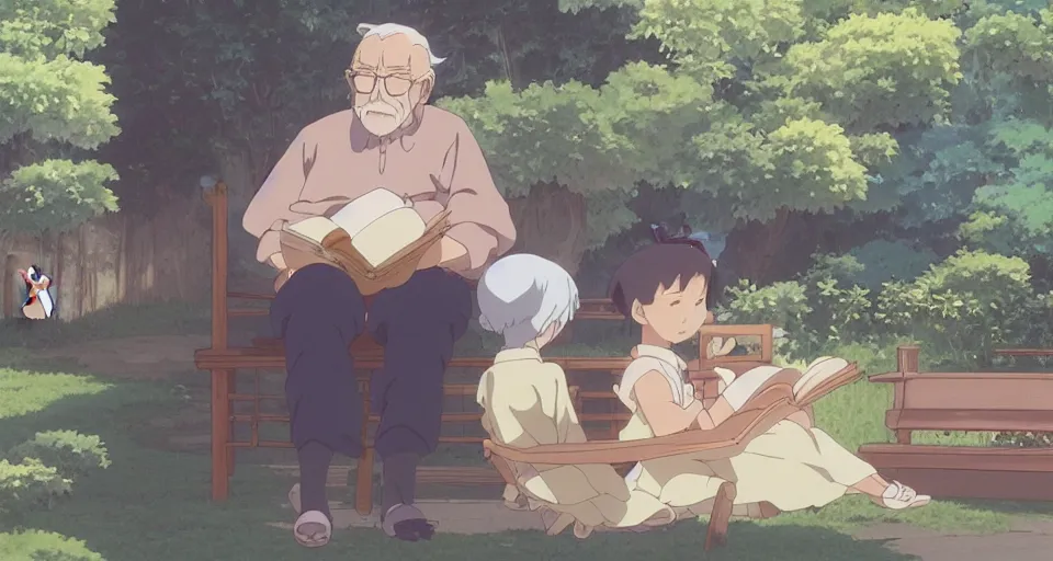 Image similar to screenshot from the anime film by studio ghibli, grandpa reading a book to a young child, serene, summer, from the anime film by makoto shinkai