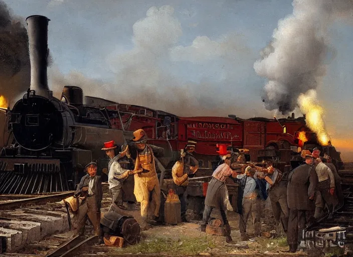 Image similar to detailed painting of railroad workers drinking wine and having fun against the backdrop of a steam locomotive advancing right ahead of them by ivan aivazovski