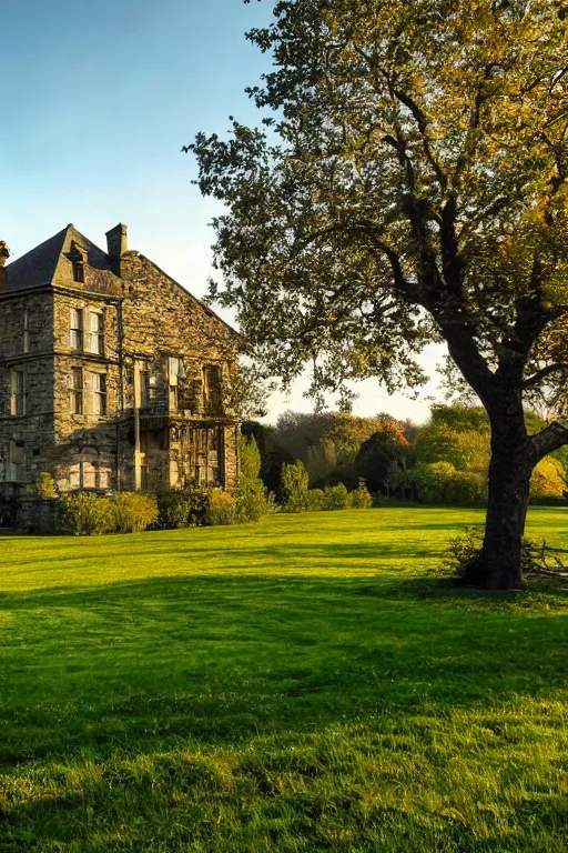 Prompt: movie screenshot wide-shot landscape with big stone edwardian house in the garden, apple trees, beautiful ambiance, golden hour, sharp focus, highly detailed,