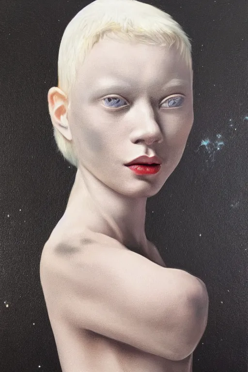 Image similar to hyperrealism oil painting, close - up portrait of albino medieval fashion model, black silk, steel gradient mixed with nebula sky, in style of baroque