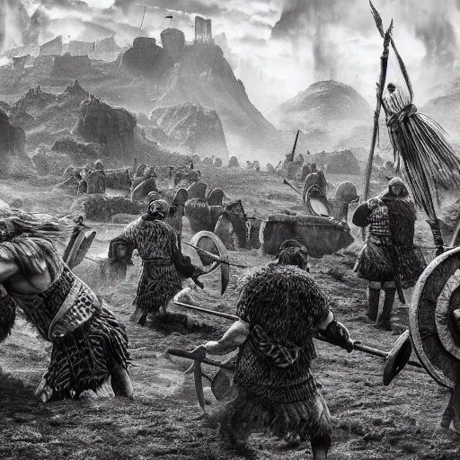 Image similar to vikings plunder the village and kill all the inhabitants, high detail of the environment and characters, detailing even the smallest particles and details, black and white style, 4 k, 8 k, trending on artstation, artstationhd, artstationhq