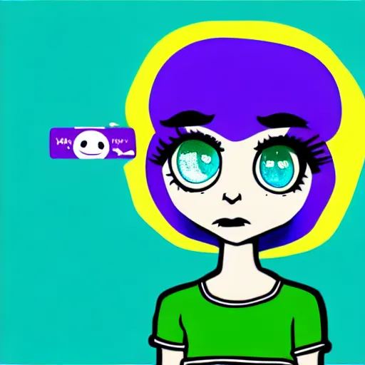 Image similar to the coke logo personified as a cute sprite themed cartoon girl in the style of the youtuber lavender towne, margaret keane style, large creepy eyes, extremely detailed and colorful eyes, digital art, deviant art, soda themed girl, hyper detailed eyes, money sign pupils, tim burton, scratchy lines