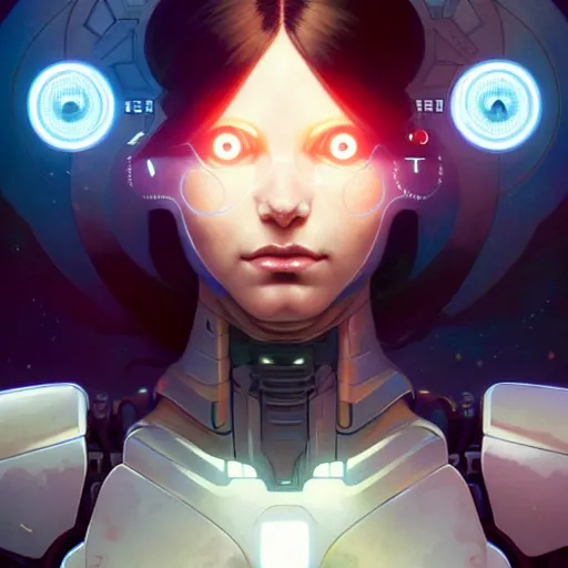 Prompt: cyborg, female, science fiction, portrait, highly detailed, digital painting, beautiful eyes, symmetry, concept art, sharp focus, illustration, art by artgerm and greg rutkowski and magali villeneuve and ilya kuvshinov! : : alphonse mucha : : - 0. 2