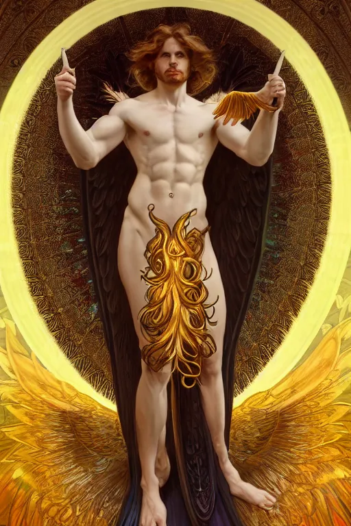 Image similar to symmetrical fullbody portrait of a beautiful young fit male angel with curly blond hairs, fulldressed in long fluent clothes, majestic big red bat wings, luminous fire halo, by greg rutkowski and alphonse mucha, gradient white to gold, in front of an iridescent background, highly detailed portrait, digital painting, artstation, concept art, smooth, sharp focus illustration