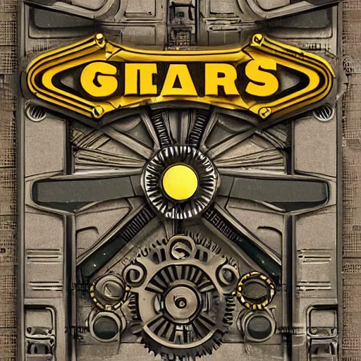 Prompt: an art deco factory with gears and chains in space, in the style of pixar