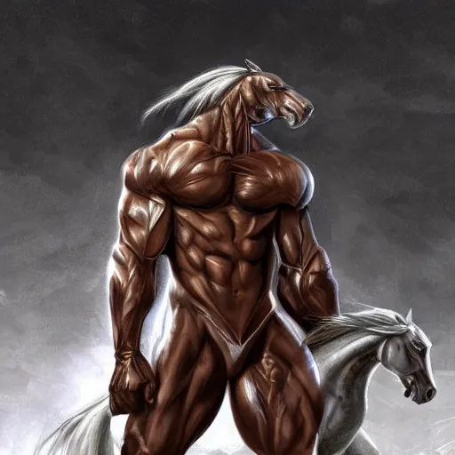 Image similar to a musclebound anthropomorphized horse with a magnificently muscular physique wearing a tight leather battle outfit while protecting a facility, equine, anthro art, furaffinity, highly detailed, digital painting, artstation, sharp focus, game art, concept art, illustration, art by artgerm, greg rutkowski, wlop