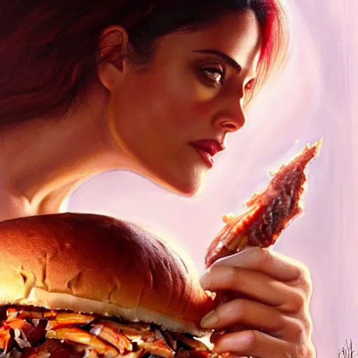 Image similar to Salma Hayek eating a huge pulled-pork sandwich dripping bbq sauce, closeup, D&D, fantasy, intricate, elegant, highly detailed, digital painting, artstation, concept art, matte, sharp focus, illustration, art by Artgerm and Greg Rutkowski and Alphonse Mucha