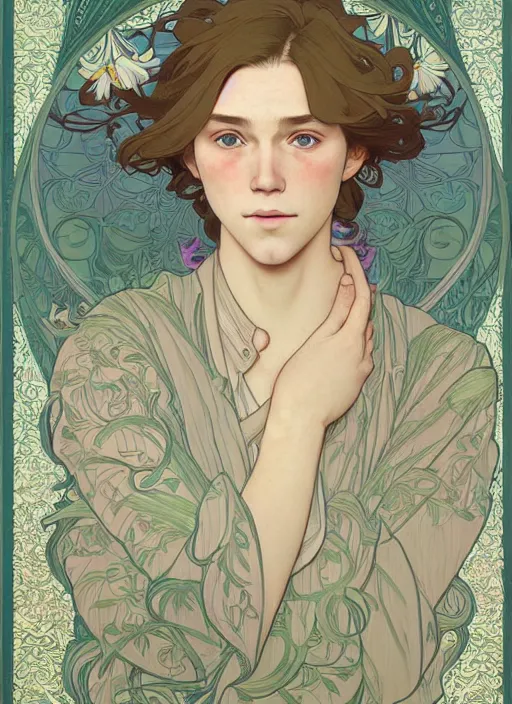 Image similar to pretty young man with shoulder length blond hair, half body shot, emotional, decorative flower patterned background, path traced, highly detailed, high quality, digital painting, by studio ghibli and alphonse mucha, leesha hannigan, hidari, disney, jules bastien - lepage, art nouveau, martine johanna, android jones