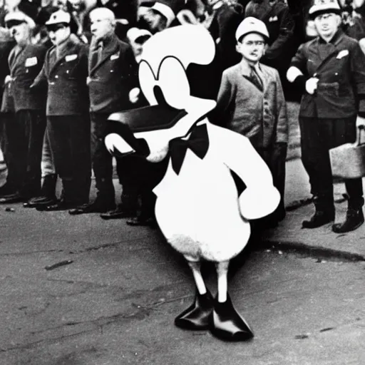 Image similar to historic colorized photograph of donald duck at a nazi parade in 1 9 3 6