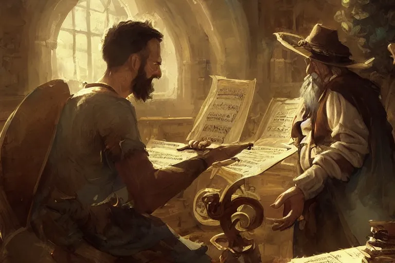 Image similar to an old musician teaching an artificer a visual melody in the baroque era, hearthstone art style, epic fantasy style art by Craig Mullins, fantasy epic digital art, epic fantasy card game art by Greg Rutkowski