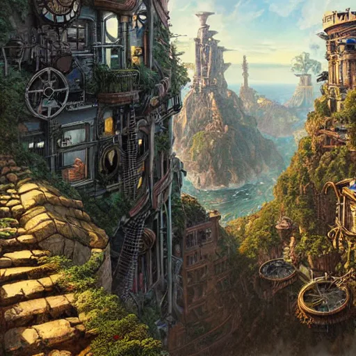 Image similar to steampunk city on a cliff, dense foliage poster art by kim jung giu and weta studio, and lucasfilm and jesper ejsing and norman rockwell greg rutkowski frank frazzeta