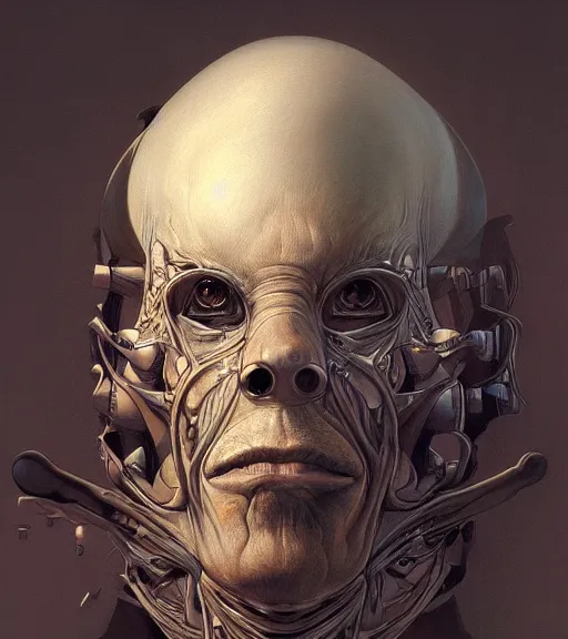 Prompt: biomechanical portrait of human by artgerm, wayne barlowe, rembrandt